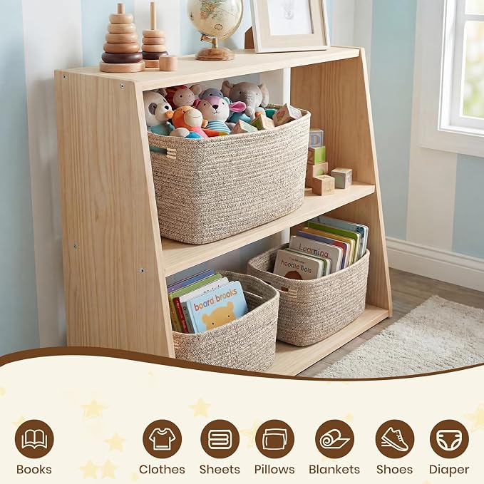 Storage Baskets for Organizing, 14 x 10 x 9” Closet Shelf Woven Baskets, Square Bins with Handles, Cotton Rope Basket for Clothes, Office, Room, Brown 4 Pack