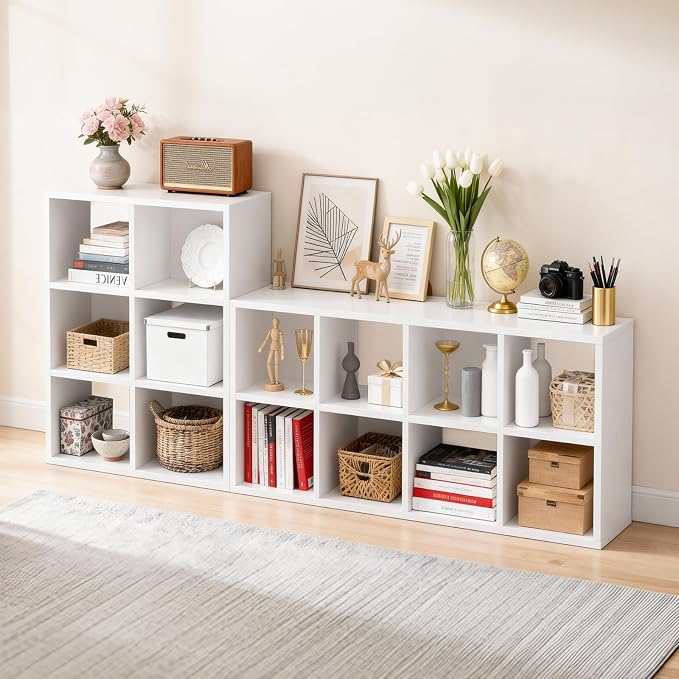 LUCKLIFE 6-Cube Storage Organizer, Stackable Modular Bookcase Shelf with Vertical or Horizontal Use, Fits 11×11" Bins, Optional Back Panels, for Living Room, Office, White