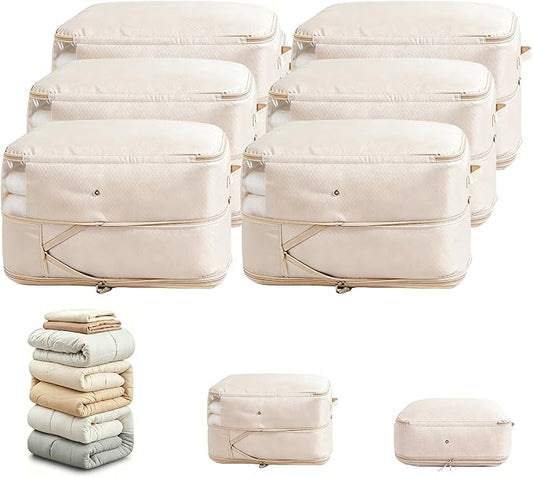Comforter Storage Bag, Large Capacity Blanket Storage Bags 2-Layer Ultra Space Saving Self Compression Organizer, Heavy Duty Space Saver Organizer for Bedding, Clothes, Blanket, 6-Pack, Beige