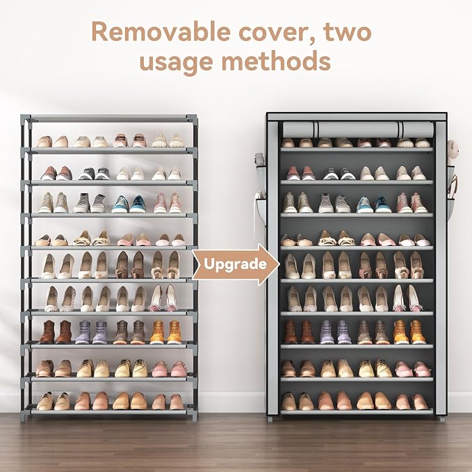 LANTEFUL Shoe Rack with Covers 10 Tier Tall Shoe Rack Organizer Large Capacity Shoe Shelf Storage 40 Pairs Space Saving Free Standing Shoe Storage Organizer for Closet, Entryway, Dorm, Grey