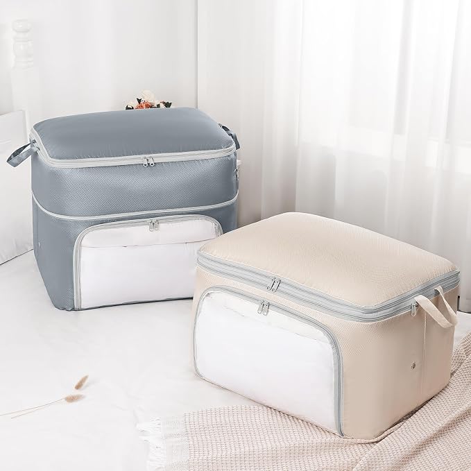 Comforter Storage Bag - Large Capacity Blanket Storage Bags Front-opening Ultra Space Saving Self Compression Organizer, Washable Compression Bags for Storage Comforter Blanket, 2 Pack, Beige