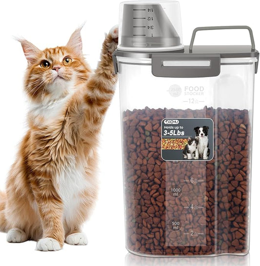 Dog Cat Food Storage Container with Cup (Dark Olive, 2.5L) | Pet Food Pourable Container Airtight with Large Spout, BPA-Free Plastic Food Dispenser for Pet Food, Bird Seed, Rice, Flour