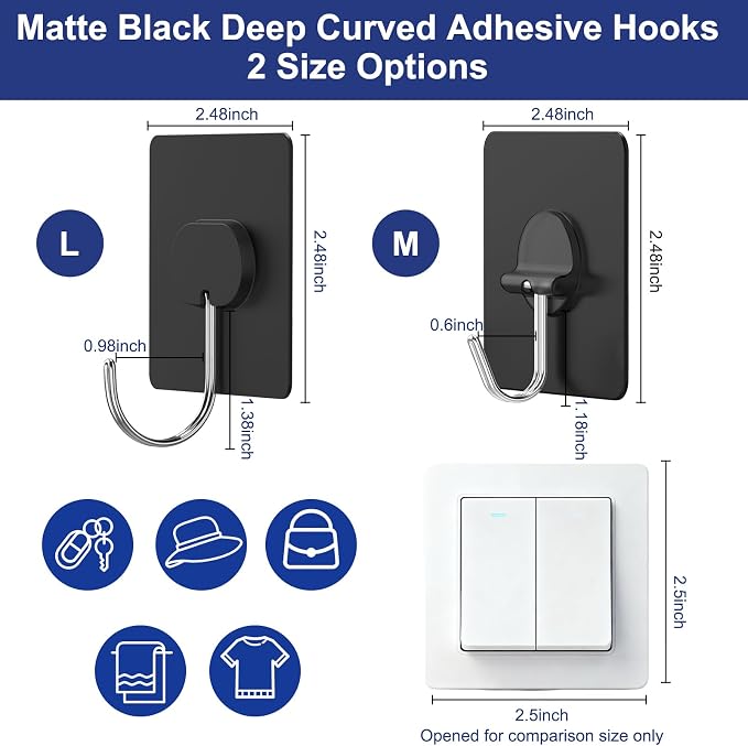 JINSHUNFA Adhesive Wall Hooks Heavy Duty No Drill Waterproof Hooks for Bathroom Kitchen Towel Coat 12 Pack Black