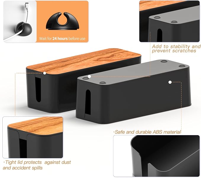 Cable Management Box 2 Pack with 16 Cable Clips Set-Large & Medium & Small Wooden Style Cable Organizer Box to Hide Wires&Power Strips | Cord Organizer Box | Cable Organizer for Home & Office [Black]