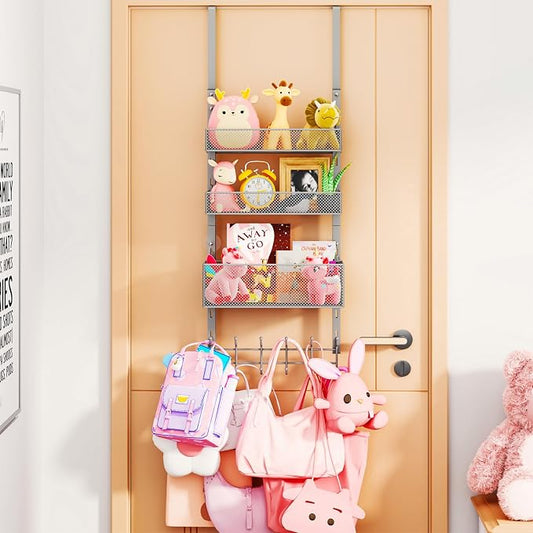 Consumest Over The Door Hooks Organizer - 4 Tier Door Coat Rack with 3 Baskets & 12 Hooks, Stainless Steel Towel Hanger for Bedroom, Bathroom, Living Room, Silver