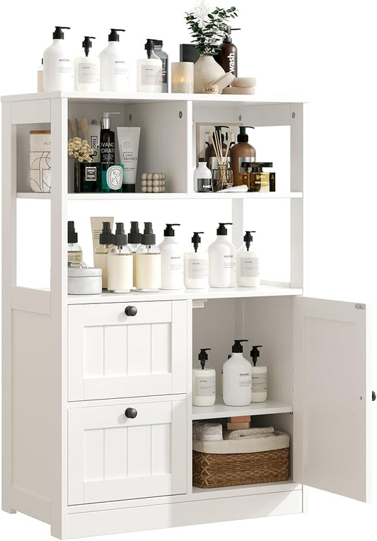 GRUSIGN Bathroom Storage Cabinet with Door and Drawers, Small Freestanding Bathroom Cabinet Organizer, Farmhouse Wooden Cupboard with Adjustable Shelves for Kitchen, Living Room, White
