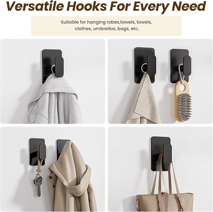 Large Heavy Duty Wall Hooks - 26lb Max, Stainless Steel Adhesive Towel Hooks for Hanging Towel, Coat, Robe, Hat, Sticky Towel Holder for Wall Mount in Bathroom, Shower, Kitchen (Black, 4 Pack)