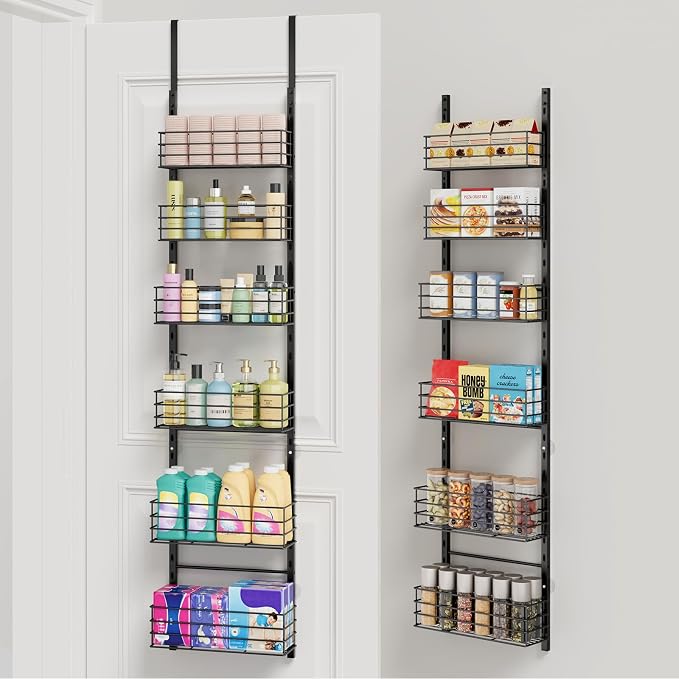 SWTYMIKI Over The Door Organizer - Door Organizer Hanging with 6 Adjustable Metal Large Capacity Basket, Wall Mounted Shelf for Bedroom Closet Bathroom Laundry Pantry Cabinet Kitchen(Black)