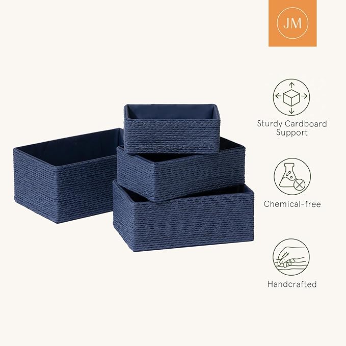 LA JOLIE MUSE Bathroom Basket Organizers, Paper Rope Storage, Blue 4 Pack | Stackable, Sturdy Lined Woven Basket, Organizer for Toilet Paper, Laundry Room Essentials, Shelves and Nightstand Drawers