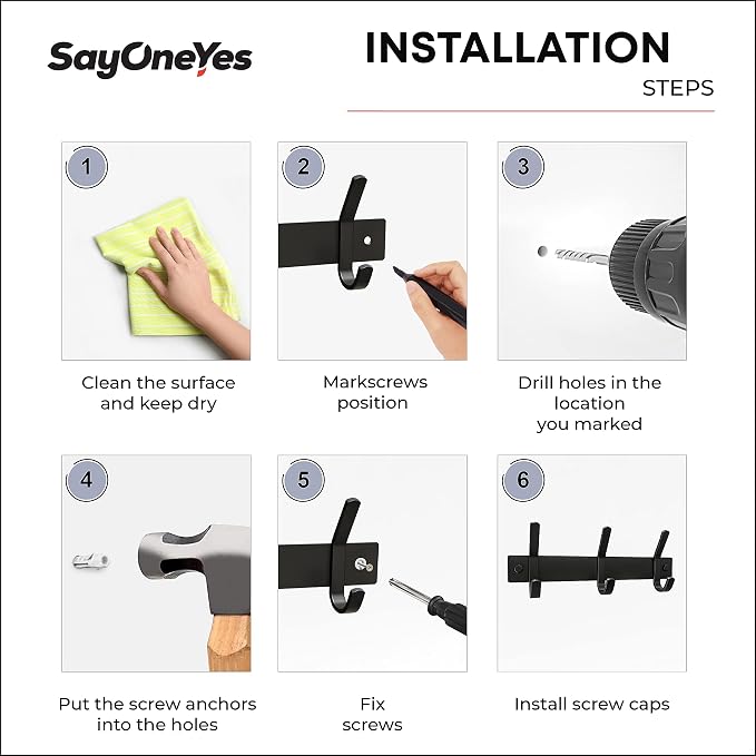Coat Rack Wall Mount – 9 Inch Stainless Steel Small Hook Rail with 3 Double Coat Hooks for Hanging – Wall Mounted Entryway Organizer for Coats, Hats, Bags, Towels, Robes, Bedroom or Bathroom - Black