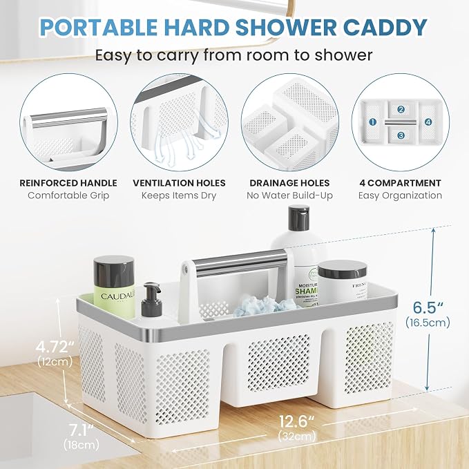 BYUNER 2Pack Plastic Shower Caddy: Portable Shower & Bathroom Caddy Tote with Handle, 4 Divided Compartments, Hard Plastic Shower Basket with All-Side Drainage for College Dorm Room Essentials