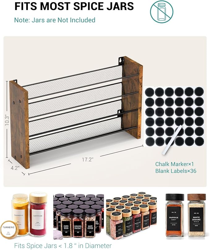NESAPTO Spice Rack Organizer for Cabinet, Wood 4-Tier Vertical Seasoning Organizer, Wall Mount or Countertop Spice Shelf, Holds 36 Jars (No Jars Included), 17.2" W x 10.3" H