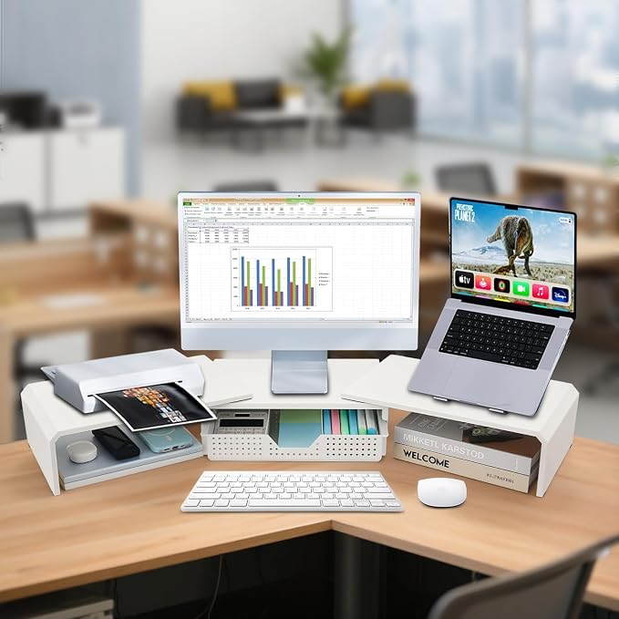 LEKETREE Dual Monitor Stand Riser with Drawer, Desk Organizer and Accessories, Metal Laptop Stand for Desk, Workspace Desktop Stand for Computer, Laptop, TV and More (White)