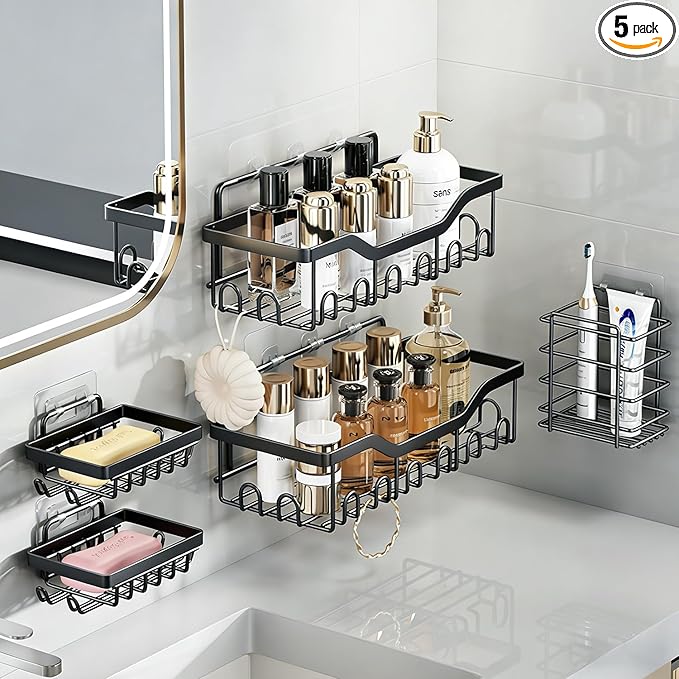 Fammart Adhesive Shower Caddy, 5-Pack Rustproof Stainless Steel Bathroom Organizer with 28 Hooks, No-Drill Large Capacity Shower Shelves for Bathroom Storage & Home Décor, Black