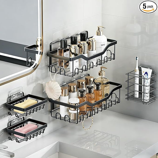 Fammart Adhesive Shower Caddy, 5-Pack Rustproof Stainless Steel Bathroom Organizer with 28 Hooks, No-Drill Large Capacity Shower Shelves for Bathroom Storage & Home Décor, Black