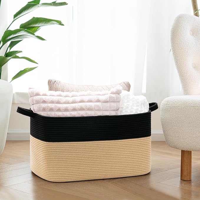 Goodpick Large Wicker Blanket Basket, Rectangle Storage, Black & Camel | 21.6 x 14.9 x 11.8 in, Reinforced Handles, Living Room, Bedroom & Nursery Organization, Toys, Blankets & Clothes Storage