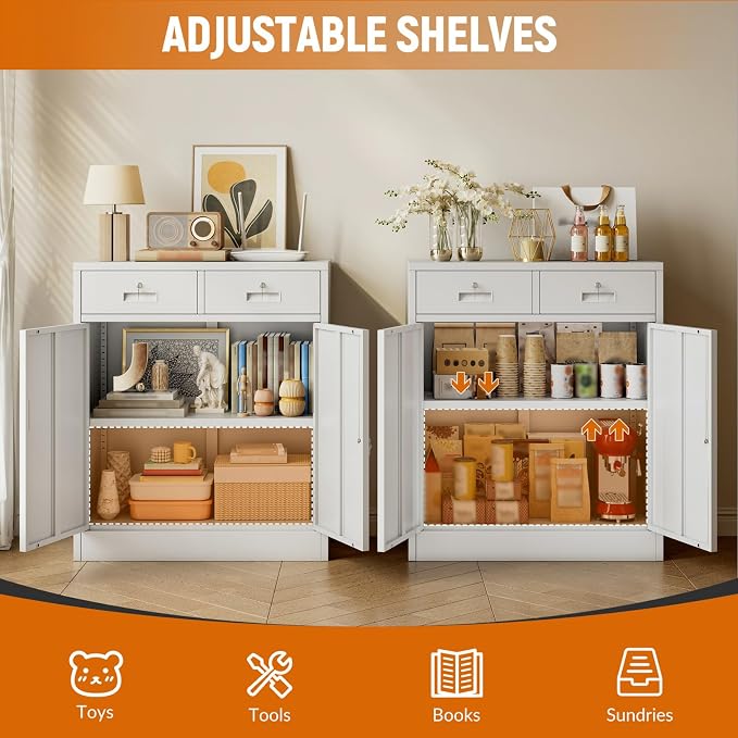 BESFUR Metal Garage Storage Cabinet with Two Lockable Drawers 2 Locking Doors and an Adjustable Shelf, 36" White Metal Short Storage Cabinet for Home Office, Garage,School,Utility Room