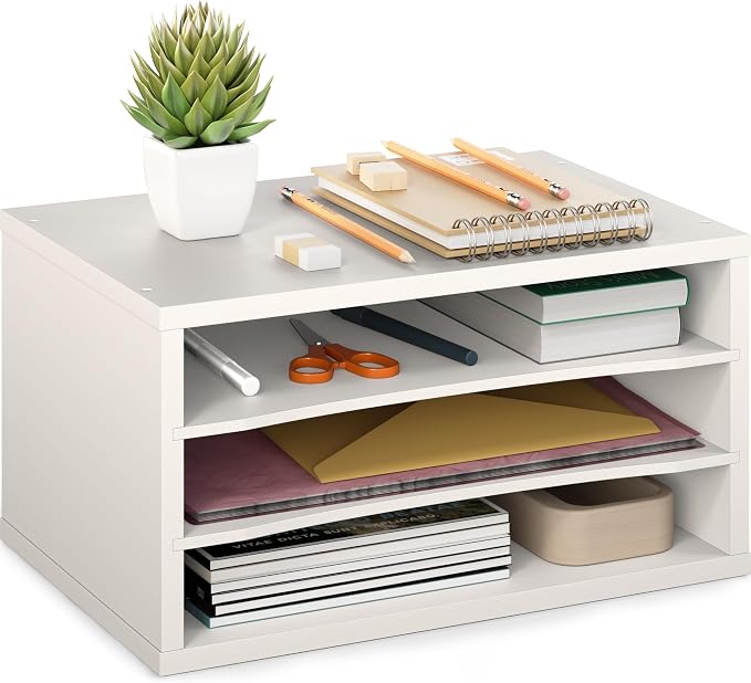 Ballucci Paper Organizer, 3-Tier Stackable Wood Desk Organizer, Document File Organizer and Mail Sorter with Adjustable Storage Shelves, White