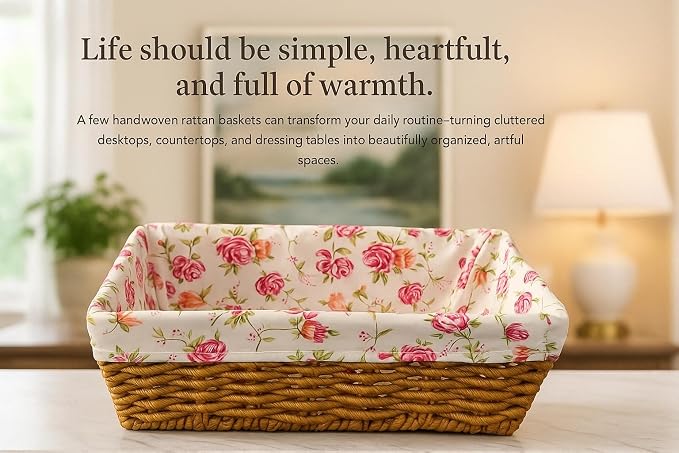 Handwoven Rectangular Storage Basket with Floral Cotton Liner – Decorative Wicker Organizer Bin for Bathroom, Bedroom, or Living Room – Rustic Home Décor Storage Solution