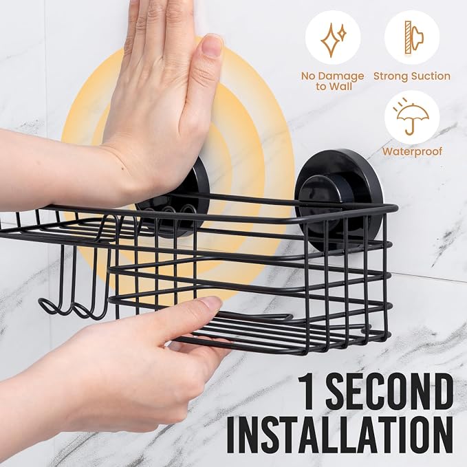 LEVERLOC Shower Caddy Suction Cup, 2 Pack Suction Shower Shelf With Hooks | Black Shower Caddies, Soap holder, NO-Drilling Bathroom Holder, Rustproof bathroom organizer