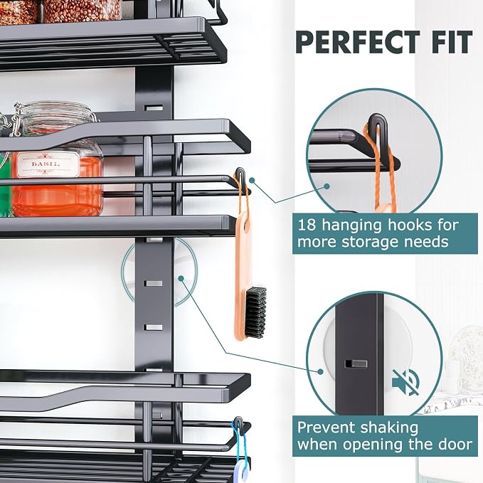Eastherry Over The Door Pantry Organizer，6-Tier Over The Door Organizer with Adjustable Basket，Metal Hanging Pantry Organizers and Storage for Kitchen, Back of Door Seasoning Rack (Black)