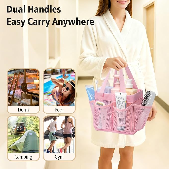 F-color Mesh Shower Caddy Portable - Stand Up 8 Pockets for Dorm, Pink | Stand Up Frame, S Hook, Collapsible Organizer, Mesh Shower Bag Bathroom Tote for College Dorm, Camping, Gym, Travel