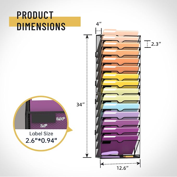 SUPEASY 16-Tier Hanging Wall File Holder Organizer for Papers, Folders, Files Clipboard & Magazine Organization Great for Office Home, Assembly Needed, Black | Paper, Folder, Magazine Rack Great for Office Home School, Assembly Needed, Black