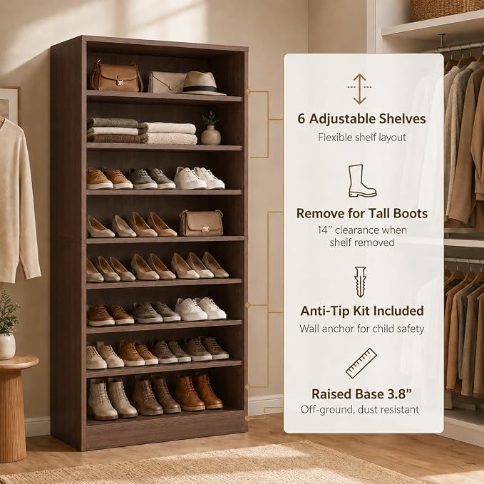 9-Tier Tall Shoe Rack Cabinet for Closet & Entryway, Walnut | Wooden Narrow Shoe Organizer Cabinet with Adjustable Shelves, Freestanding, for Bedroom, Hallway