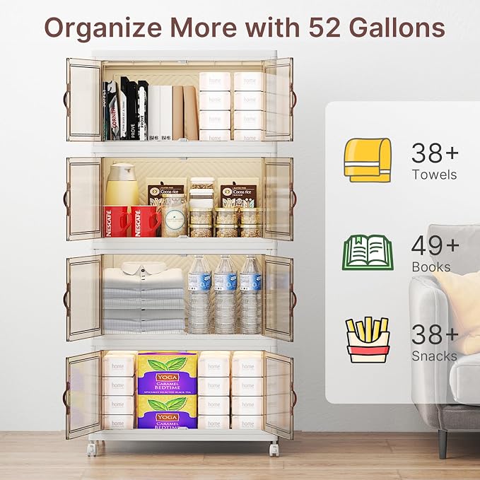 UAMFURI Stackable Storage Bins with Lids, 192QT Lockable Storage Cabinet | Folding Storage Box with Doors and Wheels, Collapsible Plastic Drawers for Home, Garage, Office