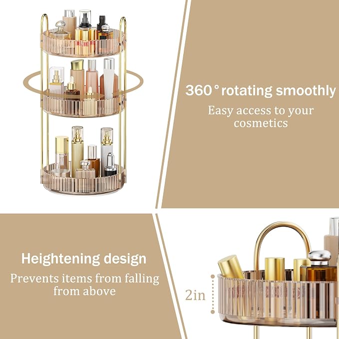 MOKANI 360 Rotating Makeup Organizer for Vanity, 3 Tier Perfume Organizer | Adjustable Multi-Function Spinning Cosmetics Skincare Storage for Bedroom, Dresser, Countertop, Amber