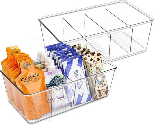 Batoto Pantry Organization and Storage Bins, Refrigerator Organizer Bins – Clear, Kitchen Organization and Storage with Dividers (2 Pack)