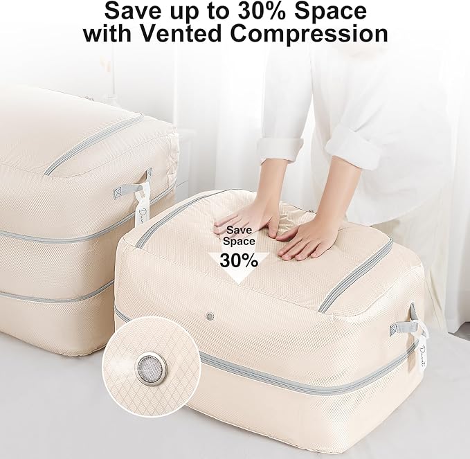 Comforter Storage Bag - 110L Large Capacity Blanket Storage Bags 2-Layer Ultra Space Saving Self Compression Organizer, Washable Compression Bags for Storage Comforter Blanket, 6-Pack, Beige
