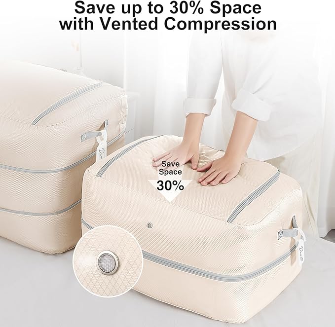 Comforter Storage Bag - 110L Large Capacity Blanket Storage Bags 2-Layer Ultra Space Saving Self Compression Organizer, Washable Compression Bags for Storage Comforter Blanket, 4-Pack, Beige