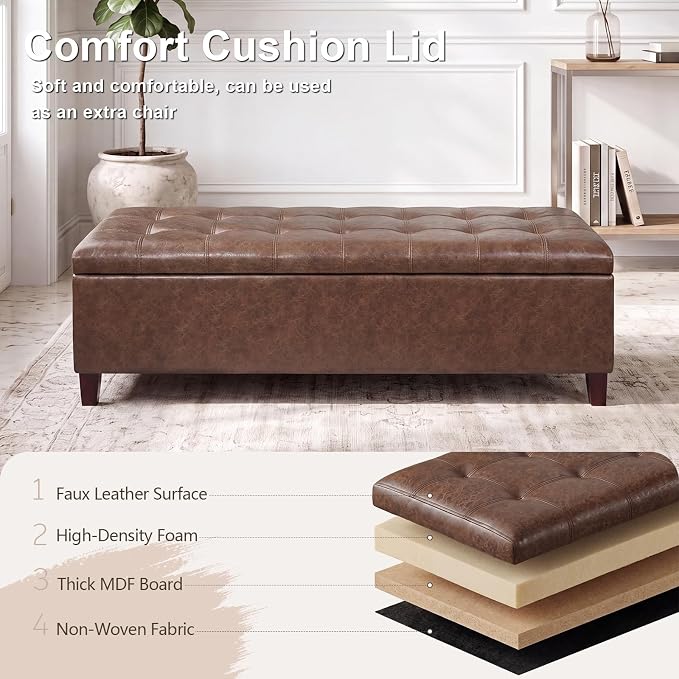 Joveco 51 Inch Storage Bench,Leather Tufted Storage Ottoman with Legs | Safety Hinges,Wooden Legs,Hidden Storage,Upholstered,End of Bed,Bedroom,Living Room,Entryway