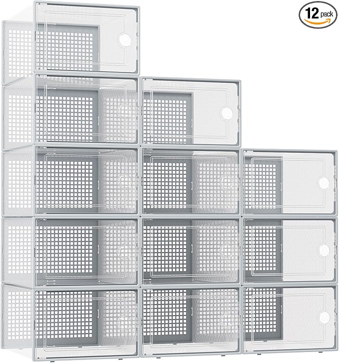 Kuject XX-Large Shoe Storage Boxes 12 Pack, Clear Stackable Shoe Organizer | Shoe Case for Closet, Entryway & Under-Bed Storage, Drop-Front Design, Space-Saving Solution for Family Organization,Grey