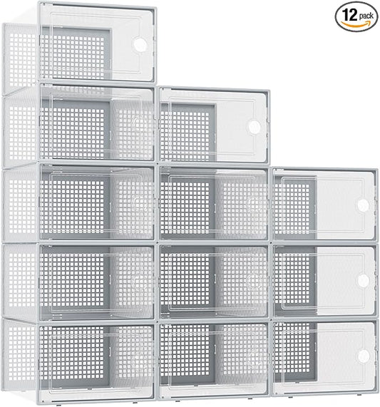 Kuject XX-Large Shoe Storage Boxes 12 Pack, Clear Stackable Shoe Organizer | Shoe Case for Closet, Entryway & Under-Bed Storage, Drop-Front Design, Space-Saving Solution for Family Organization,Grey