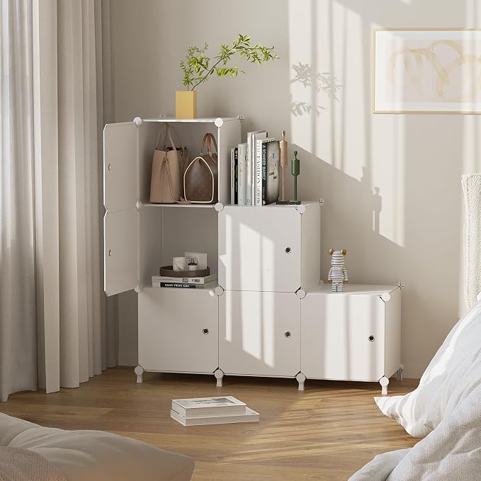 6Cube Storage Organizer Modular Stackable with Doors White | Sturdy plastic 6-cube cabinet with doors, 30x30x30cm per cube, tool-free snap assembly, ideal for bedroom, stairs, closet.