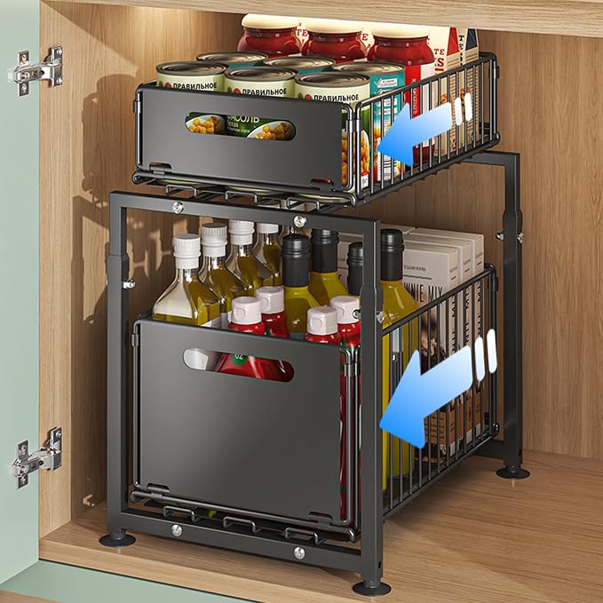 Under Sink Organizer, 2-Tier Multi-Use Kitchen and Bathroom Organizers and Storage, Slide Out Thickened Metal Under The Sink Organizer for Kitchen Bathroom Pantry (Style A Black, 1 Pack)