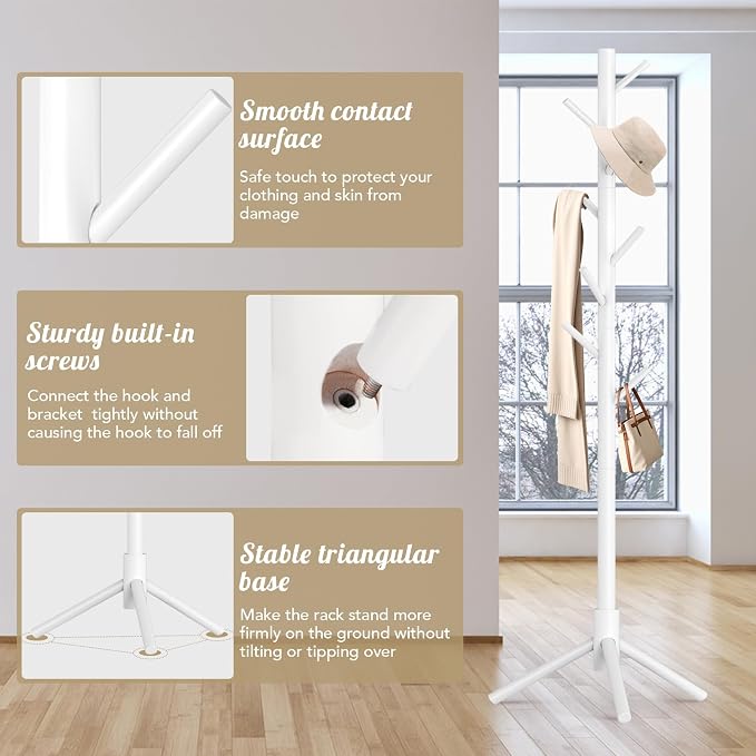 Wooden Coat Rack Freestanding with 8 Hooks,Easy Assembly New Zealand Pine Tree Coat Racks, 3 Adjustable Sizes for Clothes, Hats, Bags, for Entryway, Hallway, Bedroom, Office (White, 1 PC)