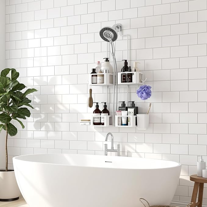 Epicano Shower Caddy for Handheld Showerheads,Stainless Steel, White | Removable Hooks,Soap Holder & Toothbrush Holder, Rustproof, Anti-Swing, Holds Razor, Sponge, Soap, Toothbrush