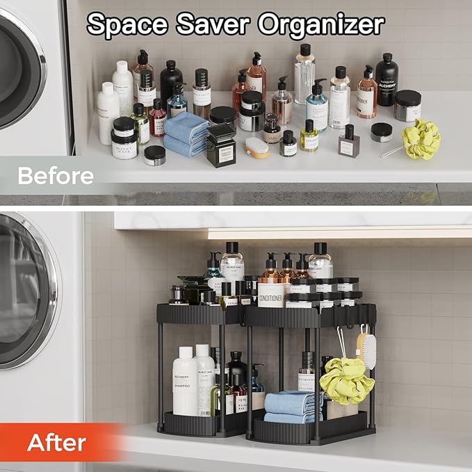 Ukeetap Multi-Purpose Pull-Out Storage Organizers, Under Sink/Cabinet Organizers and Storage for Bathroom & Kitchen, Black, 12.8 Inches, 2 Packs