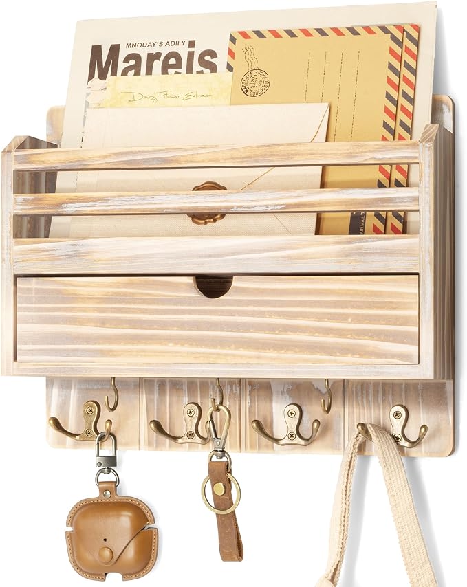 Rebee Vision Farmhouse Mail Organizer Wall Mount for Entryway, Natural Wood | Key and Mail Holder for Wall, 7 Key Hooks, Drawer Organizer, Mail Sorter, Key Hanger, Apartment Essentials, Home Decor