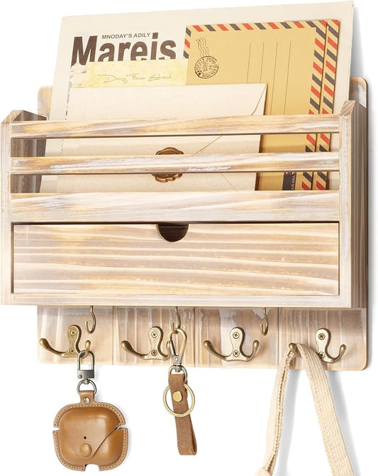 Rebee Vision Farmhouse Mail Organizer Wall Mount for Entryway, Natural Wood | Key and Mail Holder for Wall, 7 Key Hooks, Drawer Organizer, Mail Sorter, Key Hanger, Apartment Essentials, Home Decor
