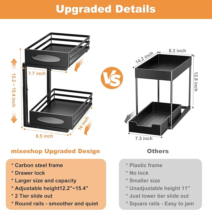 Under Sink Organizer, 2 Tier Under Sink Organizers and Storage, Adjustable Height, Slide out Metal Cabinet Organizers, Pull out Cabinet Storage Drawer Shelf for Kitchen Bathroom (Black, 1 Pack)