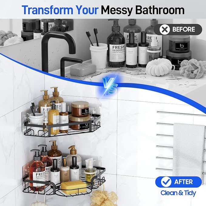Corner Shower Caddy, Rustproof Shower Organizer with Soap Holder and 8 Hooks, No Drilling Adhesive Shower Shelves for Inside Shower, Large Capacity Shower Rack for Bathroom Shower Storage, Black