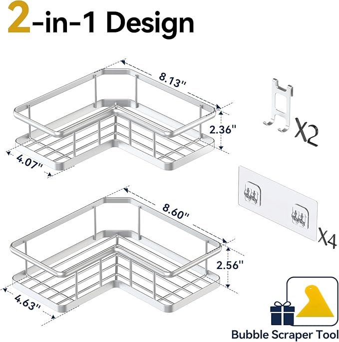 YASONIC Corner Shower Caddy Adhesive, 100% Rustproof Shower Organizer, No Drill Shower Shelf for Inside Shower, Wall-Mounted Shower Storage for Homes (2 Pack, Silver)