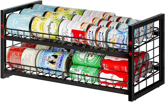 JKsmart 2-Tier Stackable Can Organizer, Extra-Long Can Holders for Pantry Storage, Adjustable Can Dispenser Holds Up to 64 Cans, 12mm Metal Frame, Super Sturdy Racks for Various Canned Food Soda
