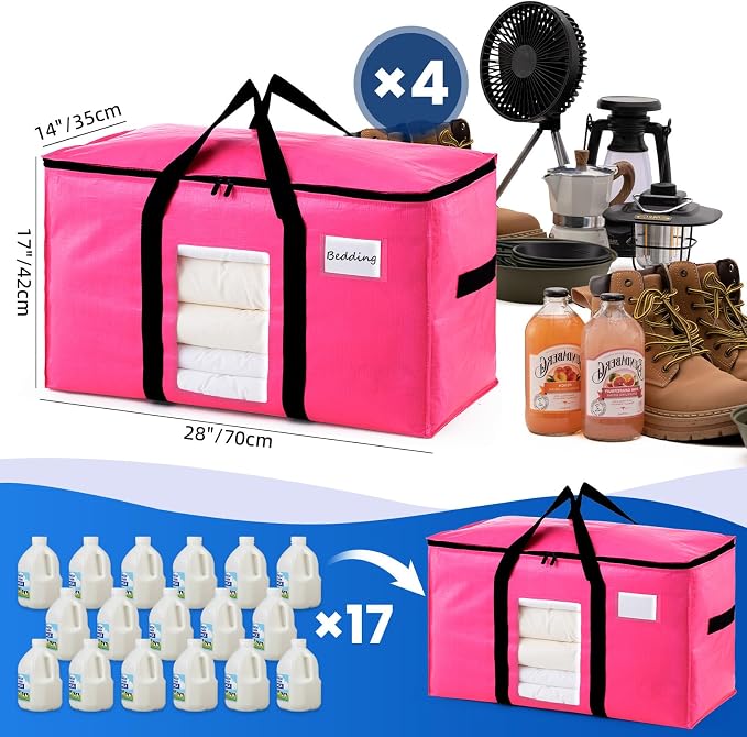 TAILI 4 Pack Pink Extra Large Moving Bags, Heavy Duty Totes with Visible Window, Wrap Around Handles, Great for Storage, Space-Saving