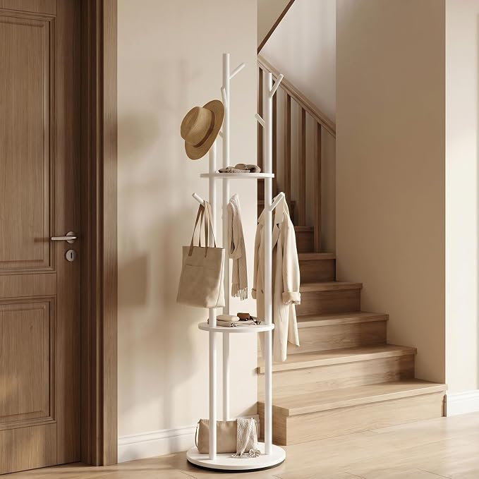 YYW 360° Wood Coat Rack Stand with Hooks and Shelves, Free Standing Rotating Organizer for Entryway, Bedroom, Small Space