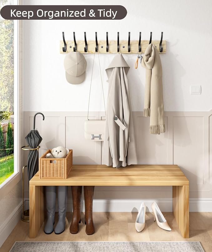 Optish 1 Pack Wooden Coat Rack Wall Mount, 16.1" Rustic Coat Hanger Hooks with 5 Double Hooks, Wall Coat Rack for Hat, Clothes, Bags, Jacket, Natural Wood